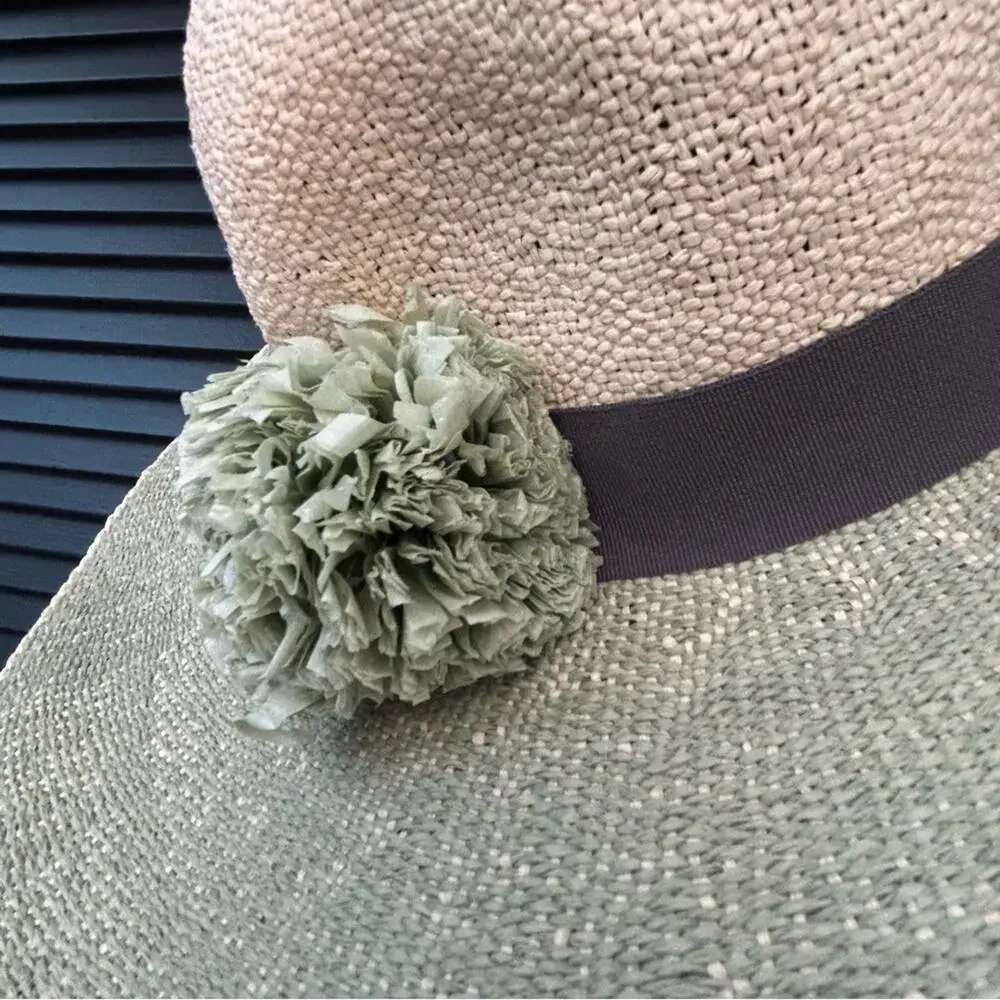 C.C 100% Paper Wide Brim TwoToned Hat, Raffia Flowers on Gray Band Cream & Green